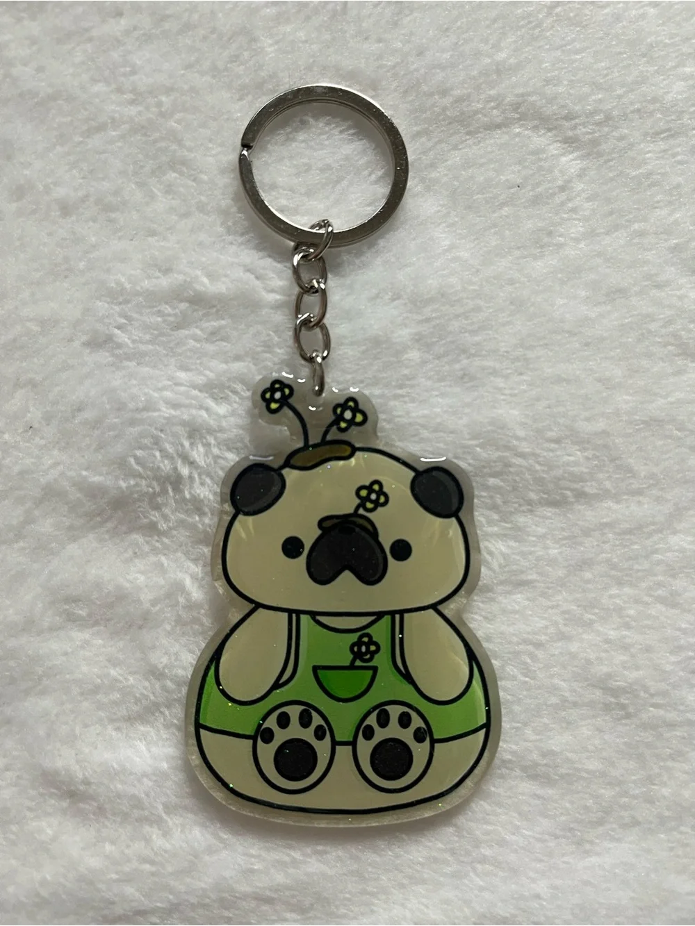 Pug fawn Cute Green Pug Keychain pet glitter acrylic